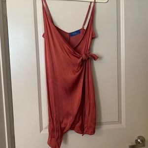 Rust Satin Wrap Mini Dress